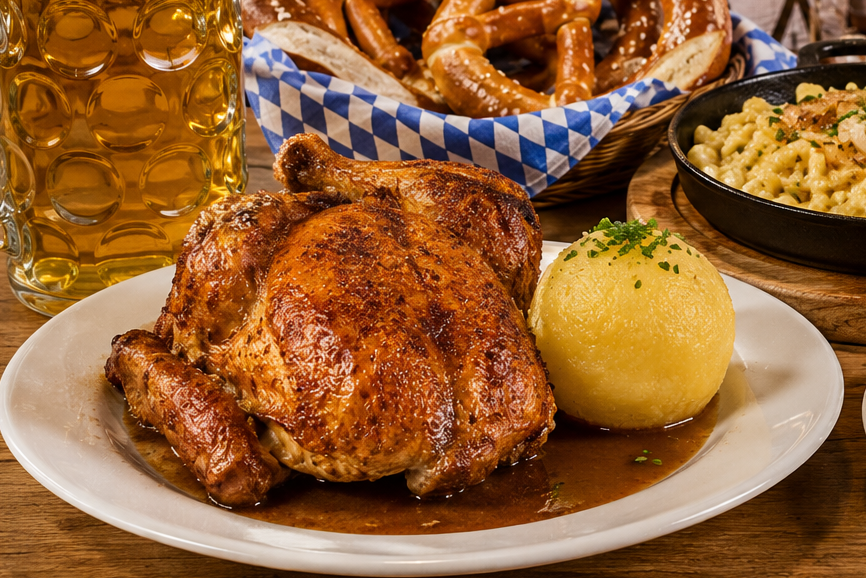 Roast chicken meal suitable for a Cannstatter Volksfest tent dinner