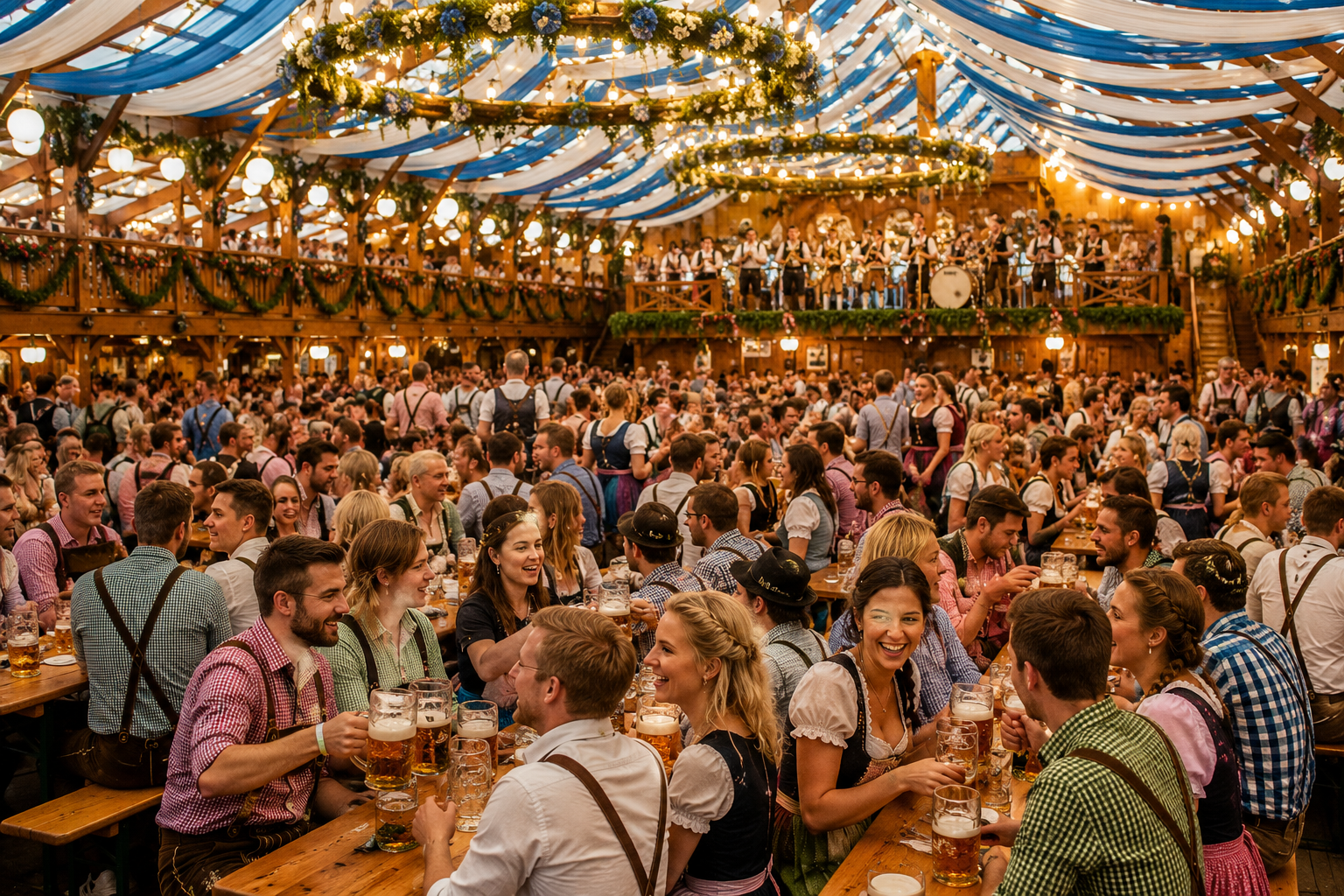 Traditional beer glasses and festival table atmosphere for Cannstatter Volksfest beer tents