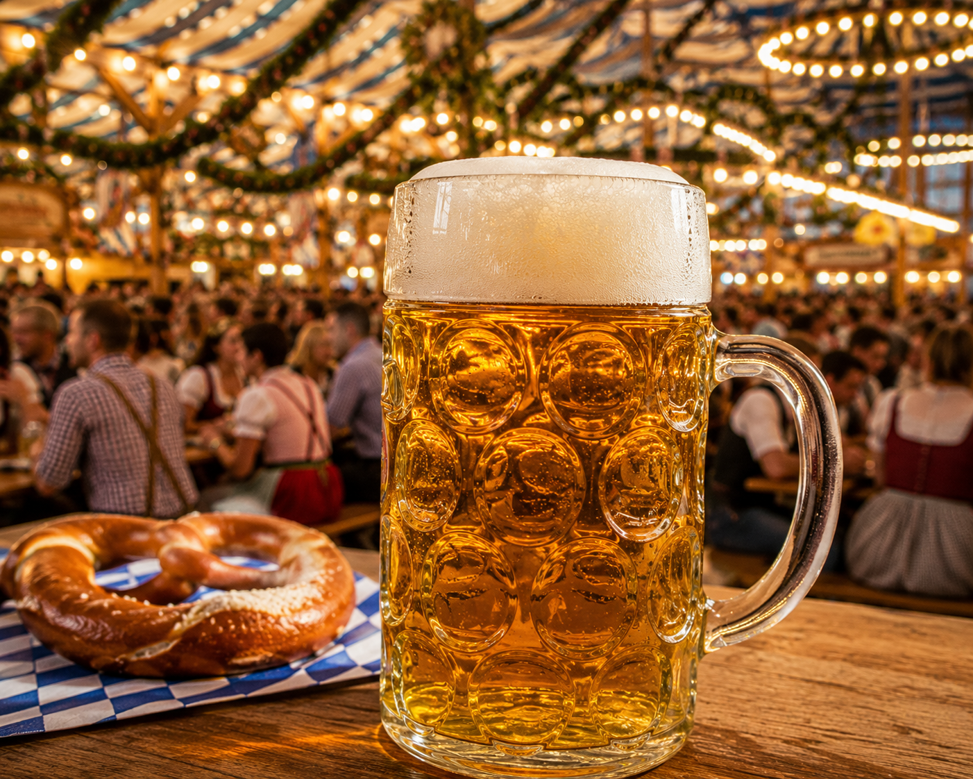 Large beer glasses on a festival table at a German beer tent