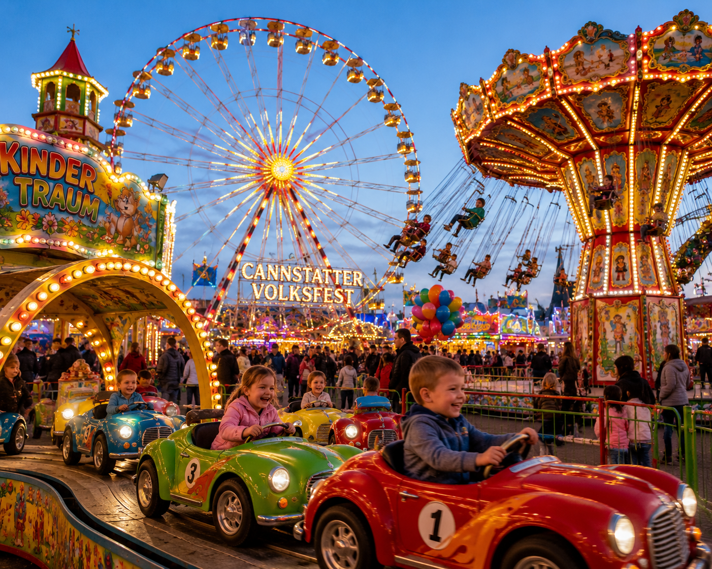 Family-friendly fairground ride lights for Cannstatter Volksfest with children