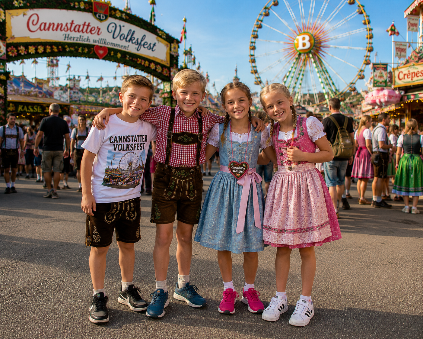 Children at a fairground for family clothing at Cannstatter Volksfest