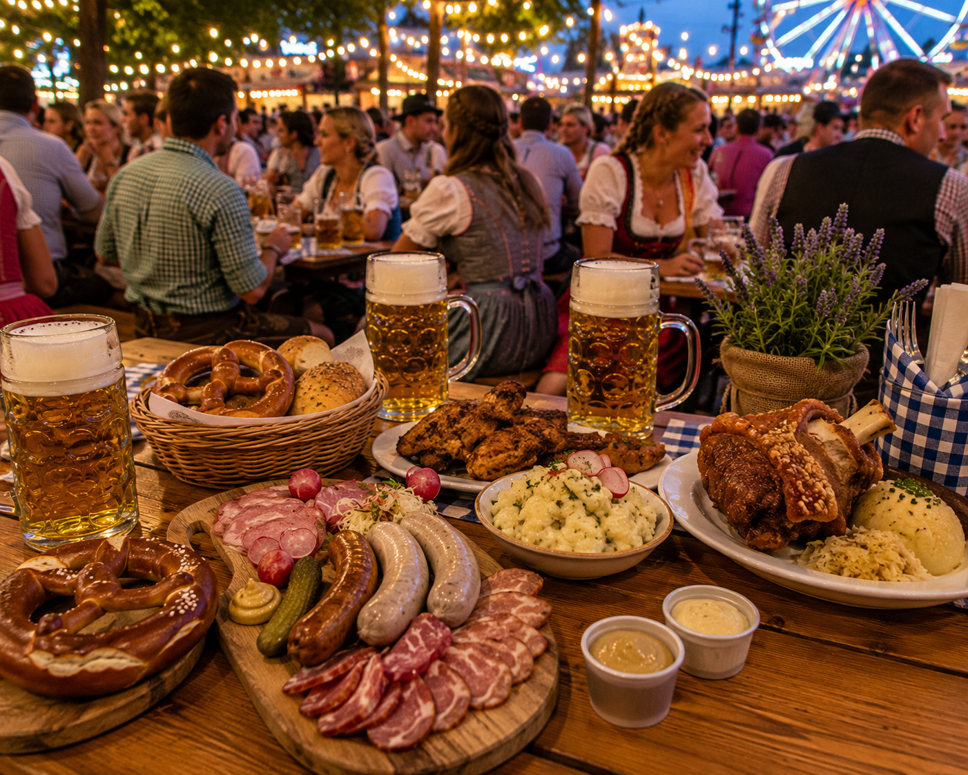 Fresh German festival beer served in large glass mugs